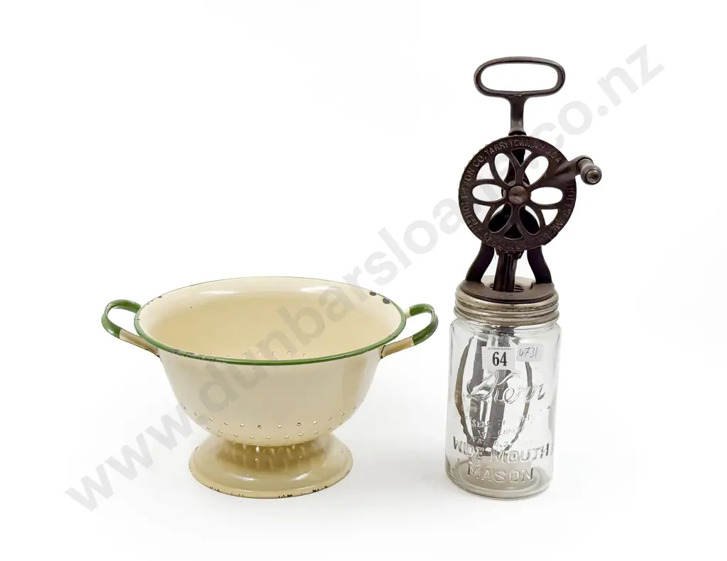 Vintage American Glass Butter Churn & Enamel Colander Image 1++