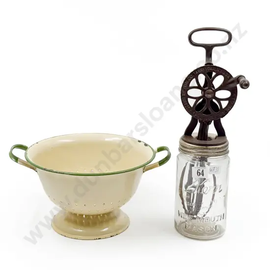 Vintage American Glass Butter Churn & Enamel Colander