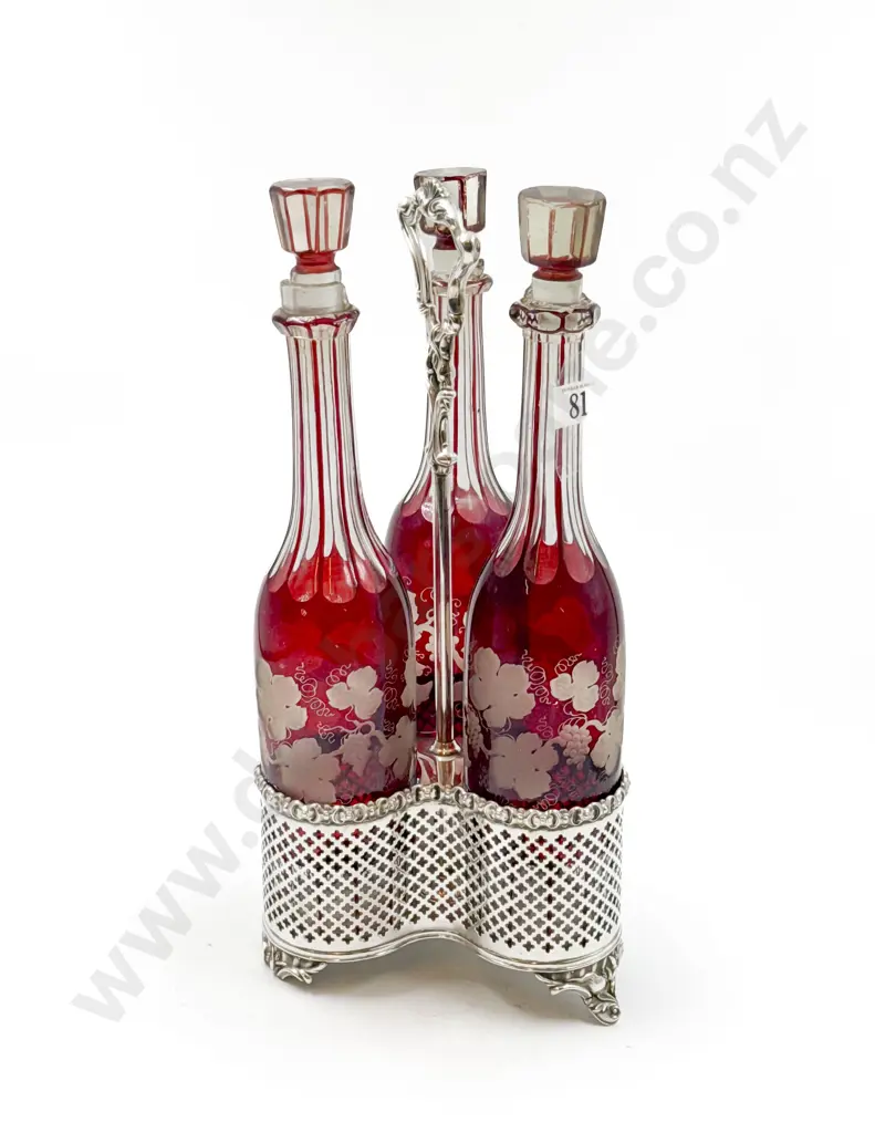 Set of Three Bohemian Ruby Flashed Decanters in Plated Carrier (A/F) Image 1++