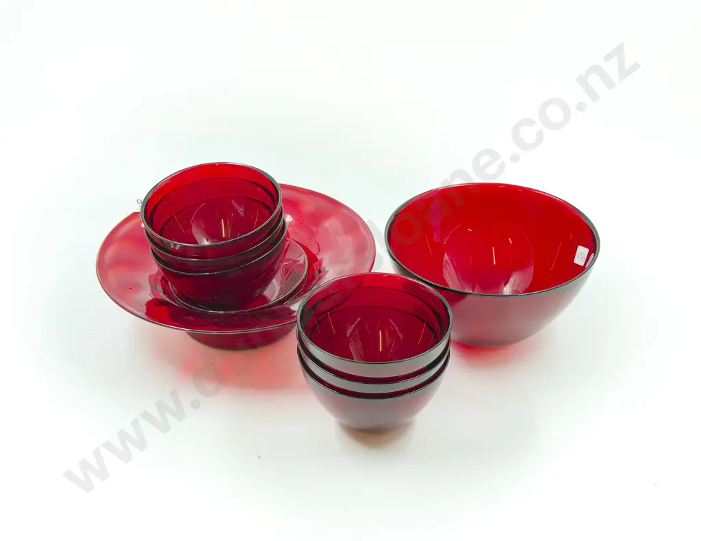 Seven Piece Orrefors Ruby Glass Dessert Set together with Two Others Image 1++