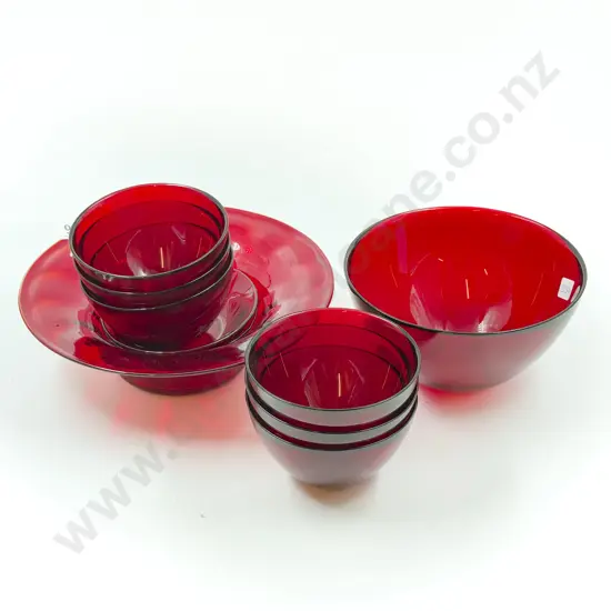 Seven Piece Orrefors Ruby Glass Dessert Set together with Two Others