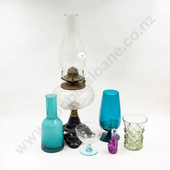 Kerosene Lamp & Assorted Vintage Glassware