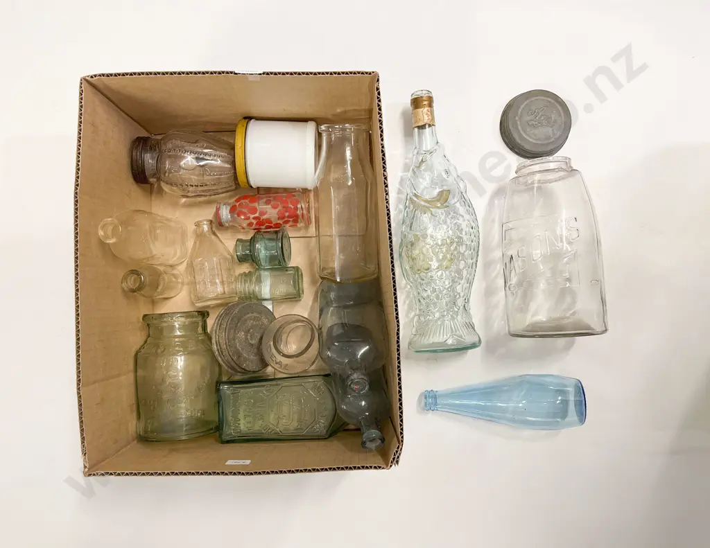Box Quantity of Assorted Glass Bottles & Jars etc Image 1++