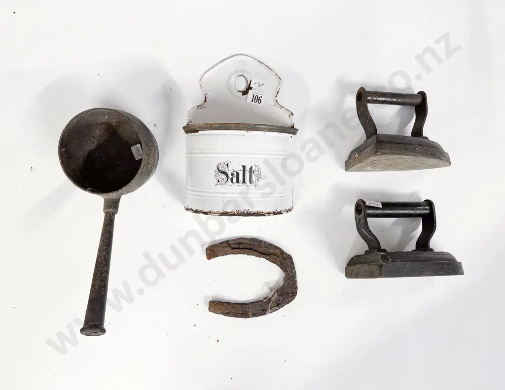 Two Cast Iron Flat Irons with Sauce Pot & Enamel Salt Cellar Image 1++