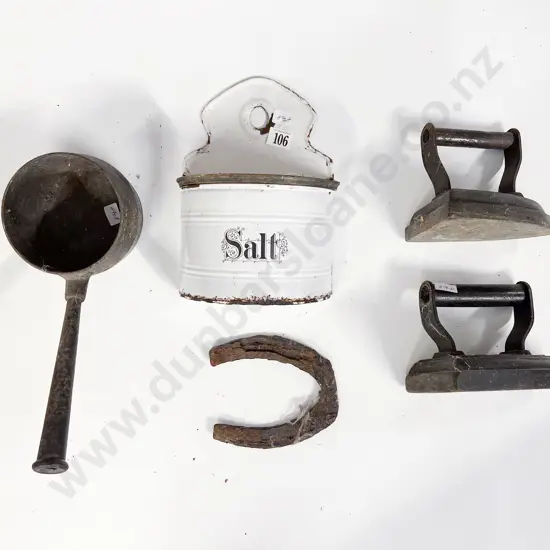 Two Cast Iron Flat Irons with Sauce Pot & Enamel Salt Cellar