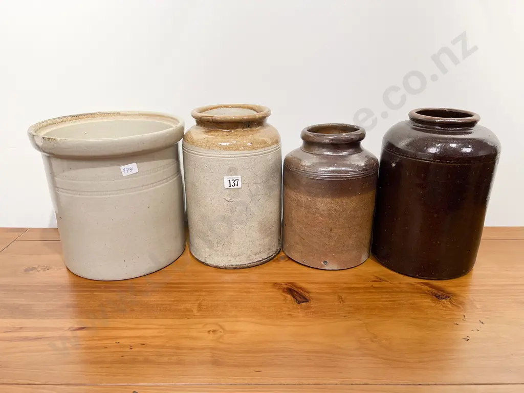 Three Assorted Stoneware Crocks together with Jar Image 1++