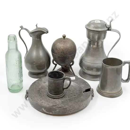 Various Antique Pewter Ware Silver Plate Dish & Glass Bottle