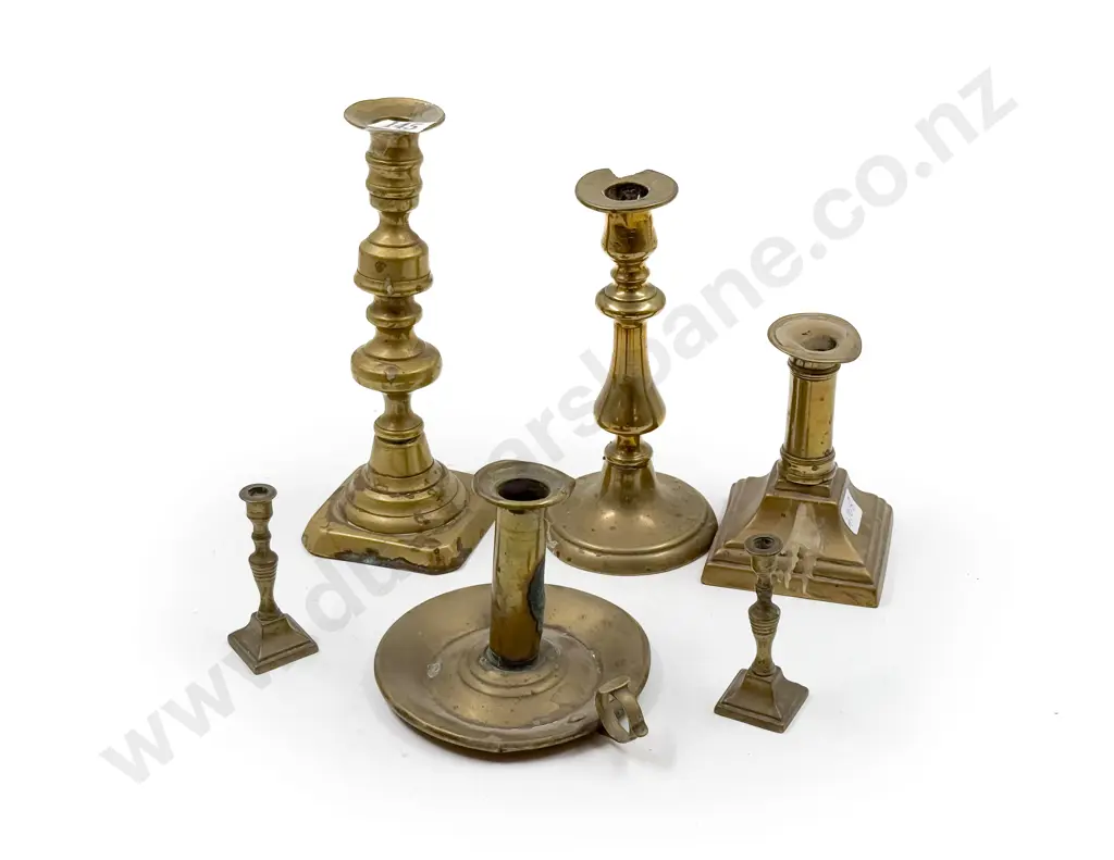 Four Brass Candlesticks and Miniature Pair Image 1++
