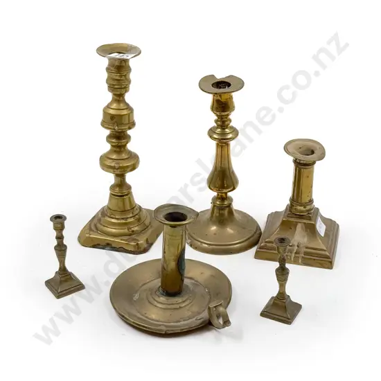 Four Brass Candlesticks and Miniature Pair
