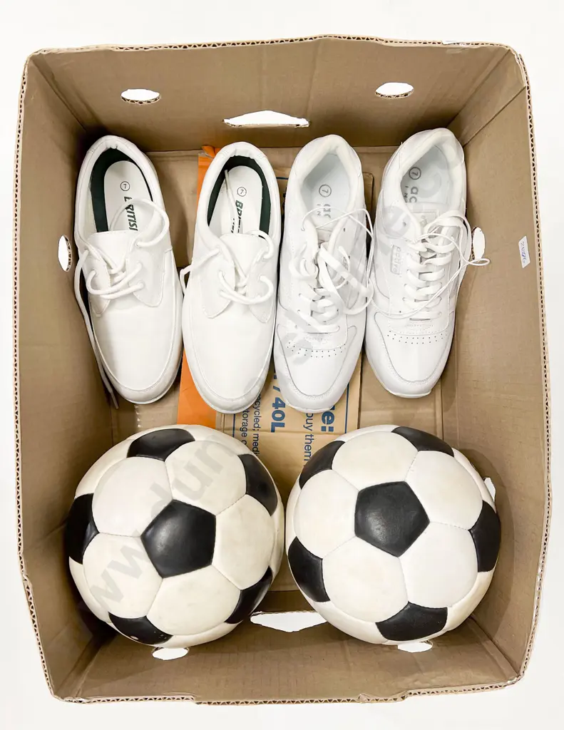 Two Pair Size 7 Sports Shoes & Two Soccer Balls Image 1++