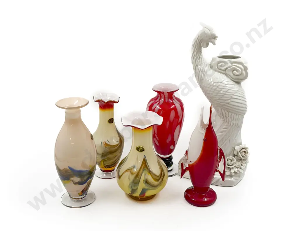 Five Glass Vases & China Peacock Vase Image 1++