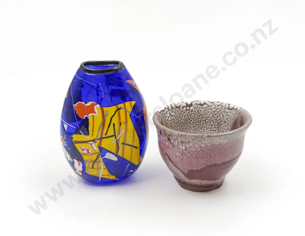 NZ Glazed Pottery Pot & Glass Vase Image 1++