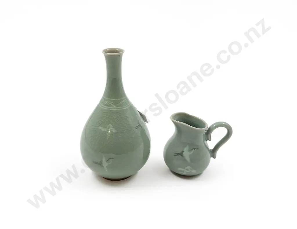 Celadon Glass Vase & Small Jug Image 1++