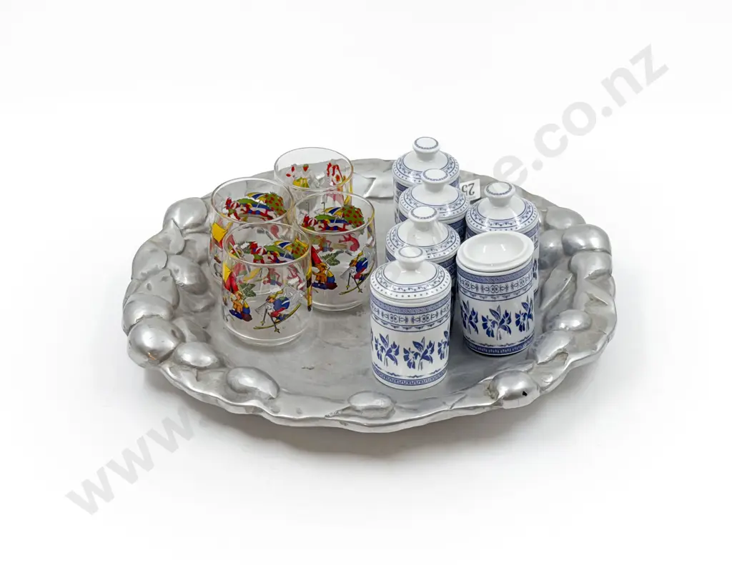 Four Assorted Vegemite Glasses together with Assorted B & W on White Metal Serving Tray Image 1++