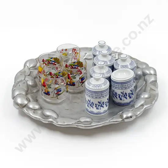 Four Assorted Vegemite Glasses together with Assorted B & W on White Metal Serving Tray