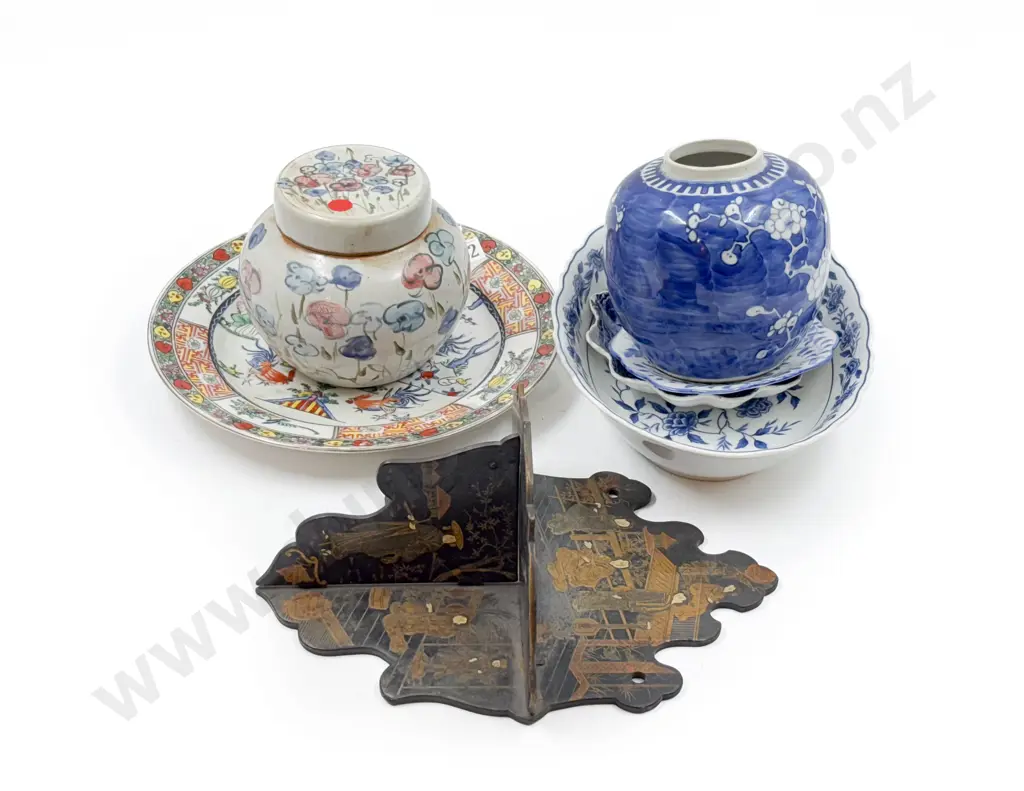 Small Lacquered Wall Shelf together with Assorted China Image 1++