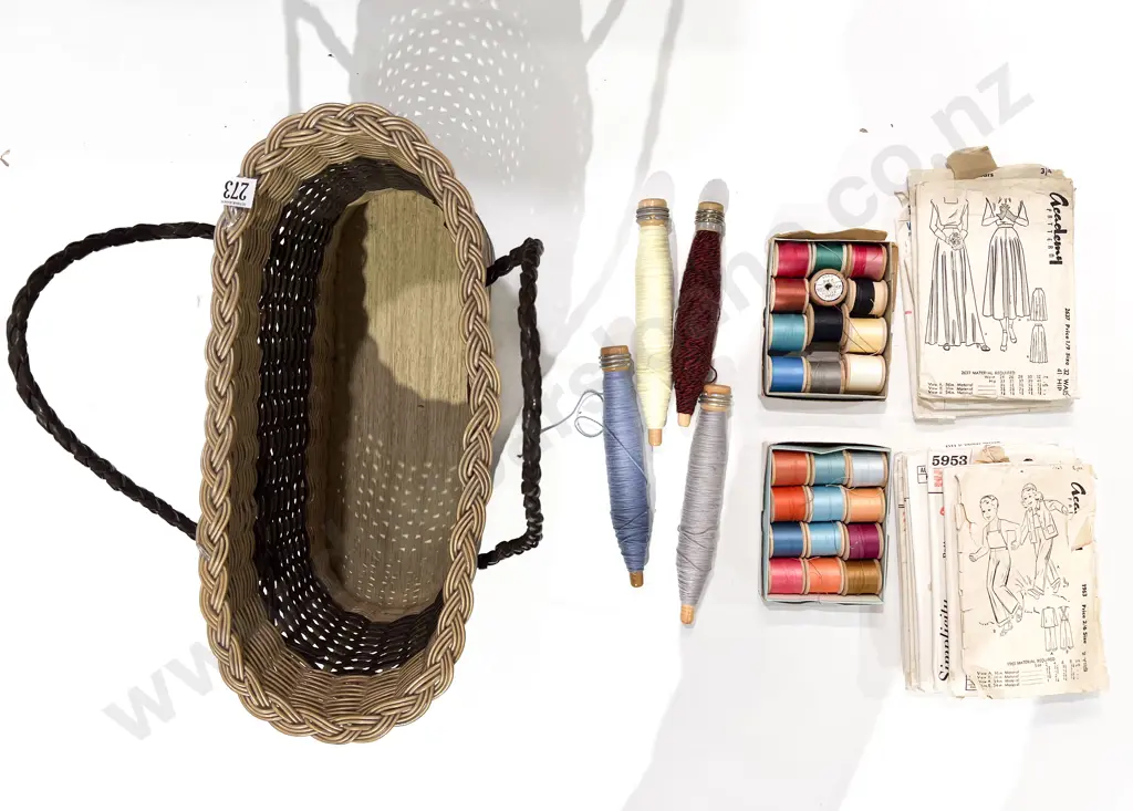 Vintage Basket of Dress Patterns & Assorted Threads Image 1++