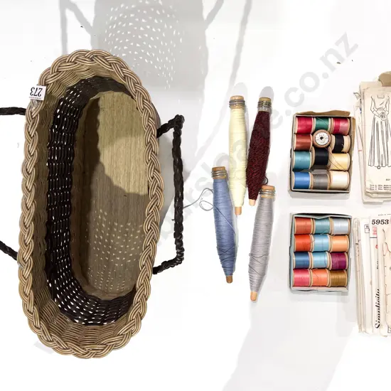 Vintage Basket of Dress Patterns & Assorted Threads