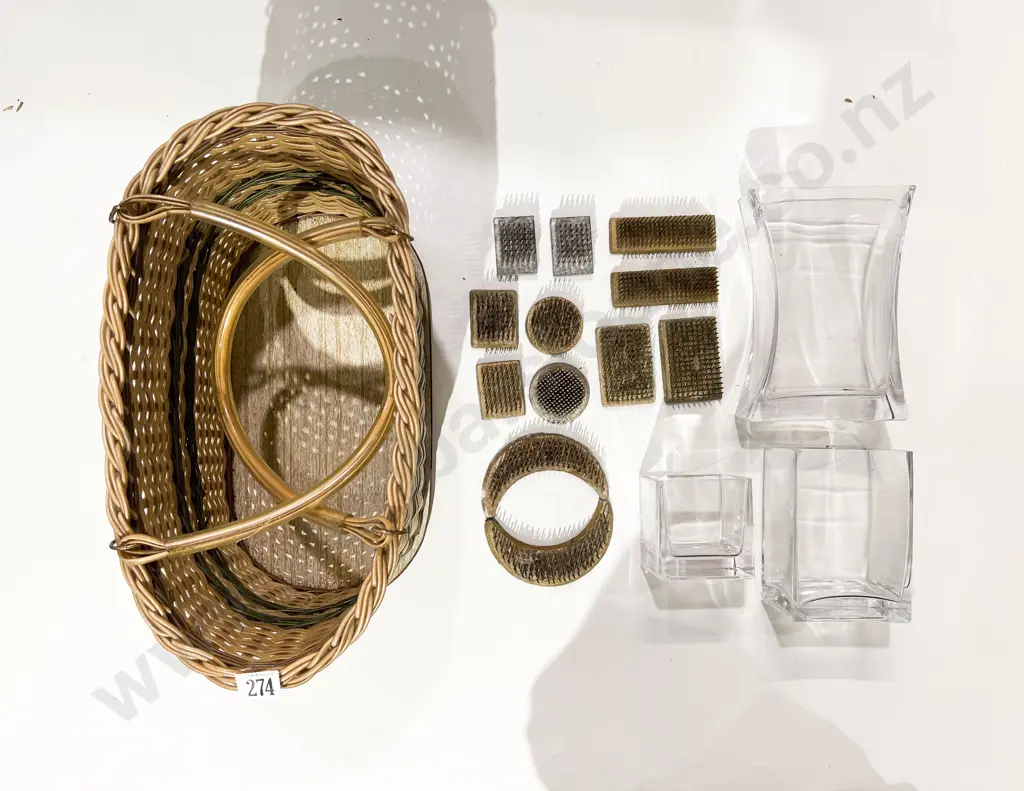 Quantity of Heavy Metal Florist Flower Frogs & Two Glass Vases Image 1++