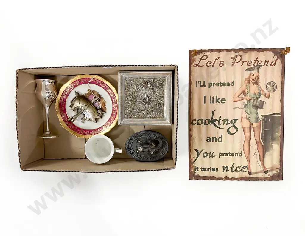 Two Trinket Boxes together with Animal Form Coat Hooks Limoge Plate Goblet & Repro Sign Image 1++