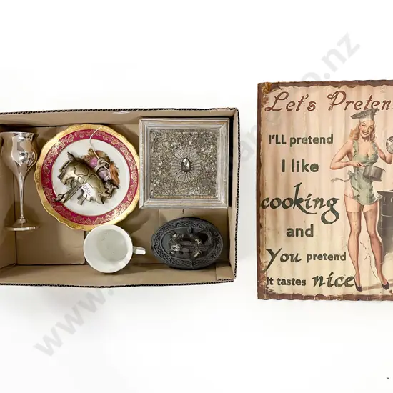 Two Trinket Boxes together with Animal Form Coat Hooks Limoge Plate Goblet & Repro Sign