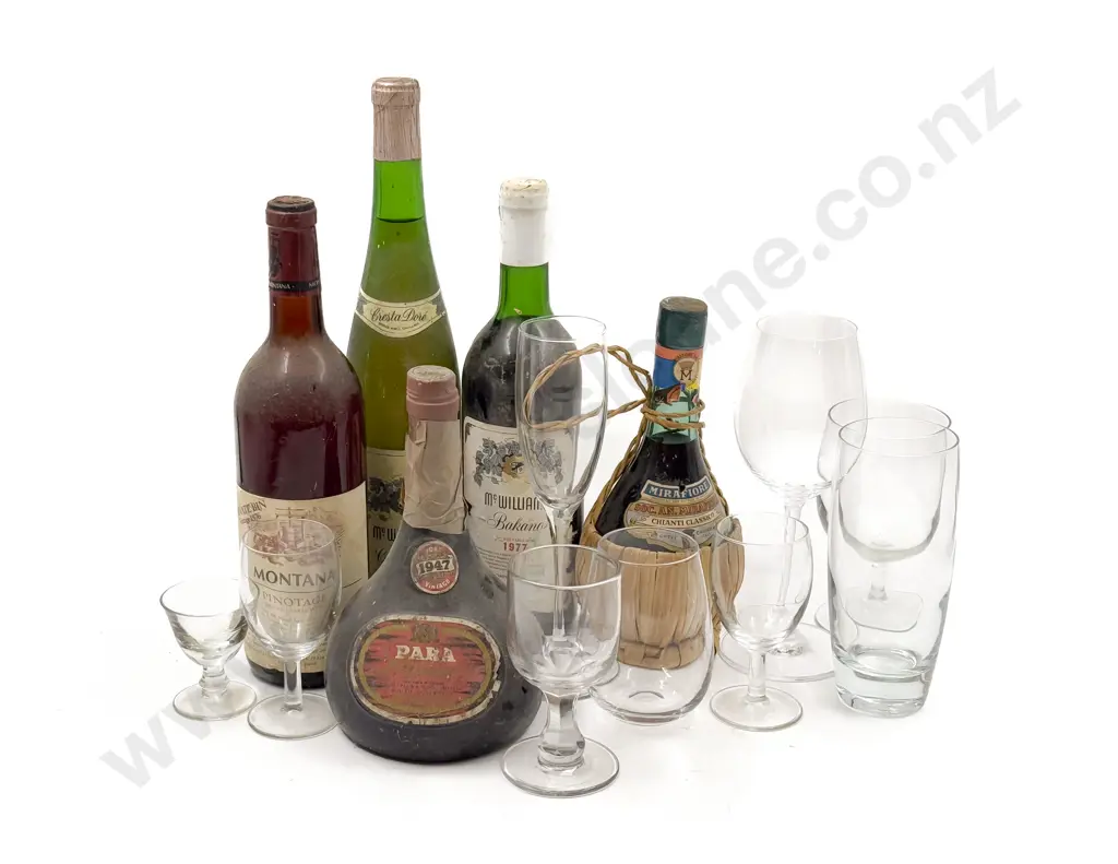 Five Bottles of Assorted Vintage Alcohol together with Glasses Image 1++