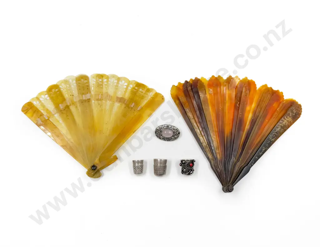Three Assorted Silver Thimbles together with Two Vintage Fans Image 1++