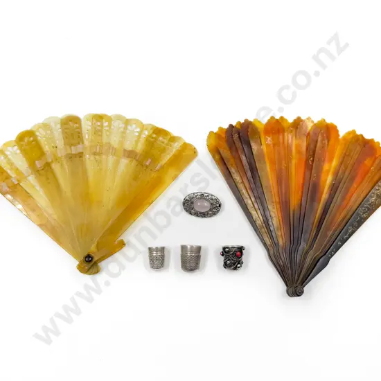 Three Assorted Silver Thimbles together with Two Vintage Fans
