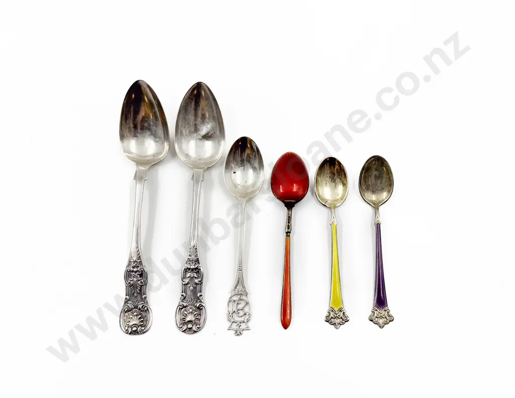 Three S/S Teaspoons together with Three S/S Enamelled Teaspoons Image 1++