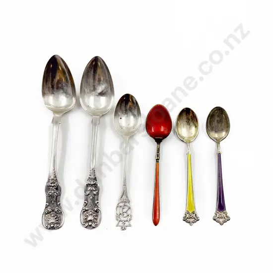 Three S/S Teaspoons together with Three S/S Enamelled Teaspoons