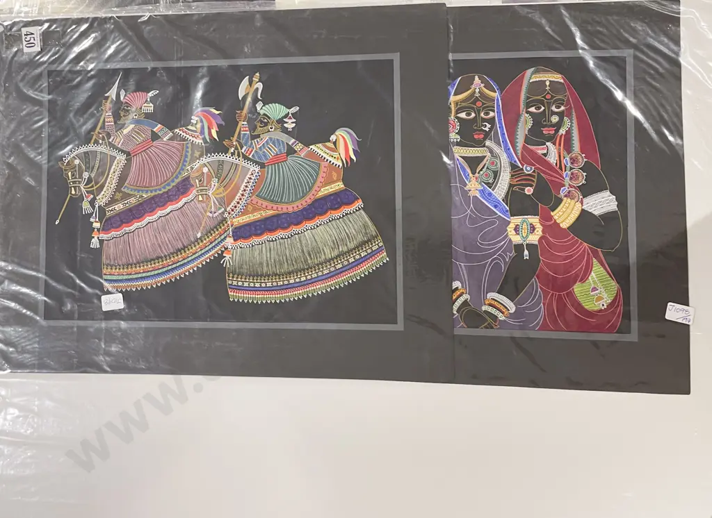Two Decorative Indian Paintings on Black Paper (unframed) Image 1++