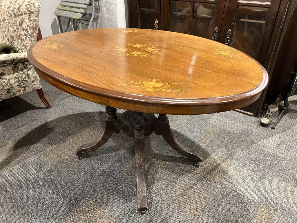 Vict. Walnut & Marquetry Oval Snap Top Loo Table Image 1++