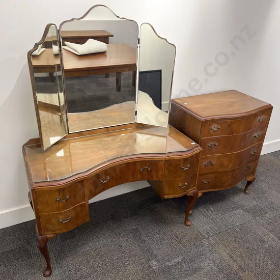 Walnut Four Drawer Chest & Matching Dressing Table together with Bedhead