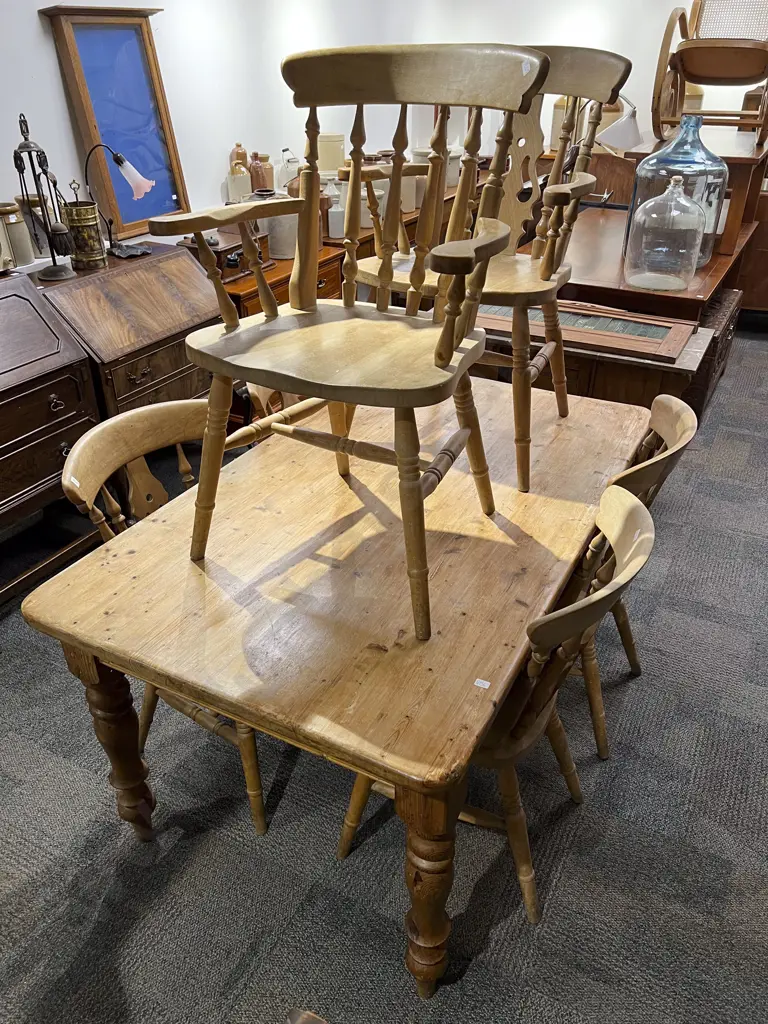 Pine Farmhouse Table & Six Chairs Image 1++