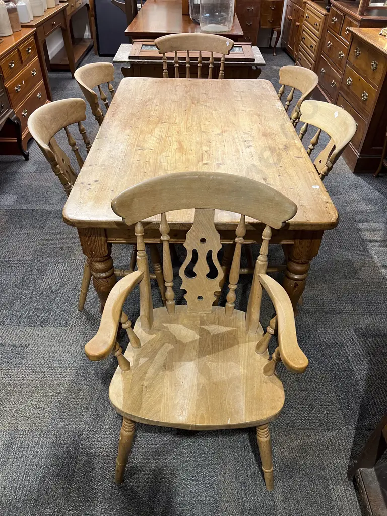 Pine Farmhouse Table & Six Chairs Image 1++