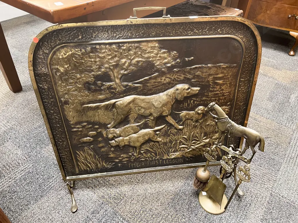 Brass Fire Tidy & Embossed Brass Fire Screen Image 1++