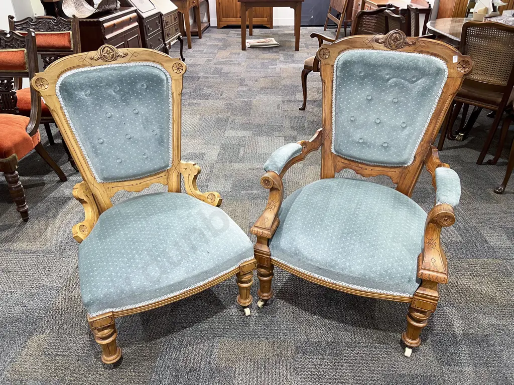 Vict Faded Walnut Grandfather & Grandmother Chairs Image 1++