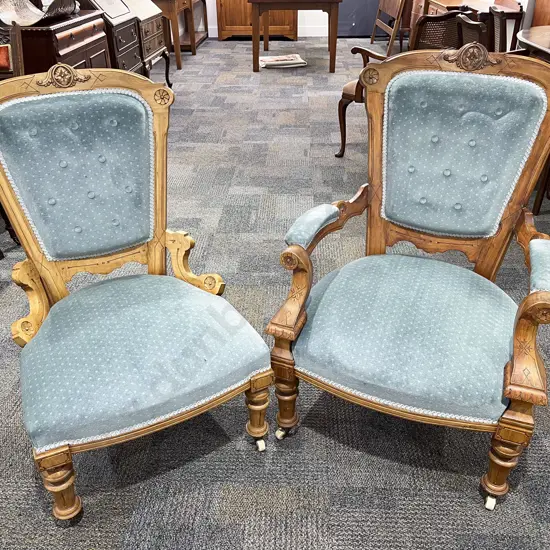 Vict Faded Walnut Grandfather & Grandmother Chairs