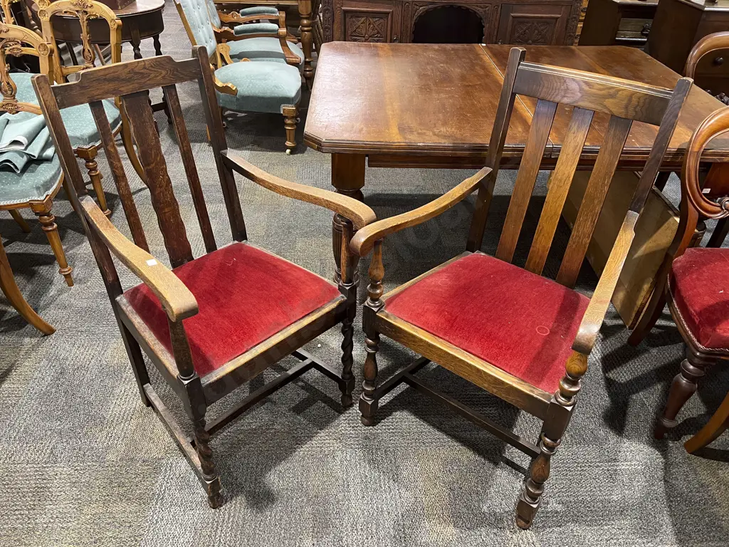 Pair Edwardian Oak Carver Chairs Image 1++