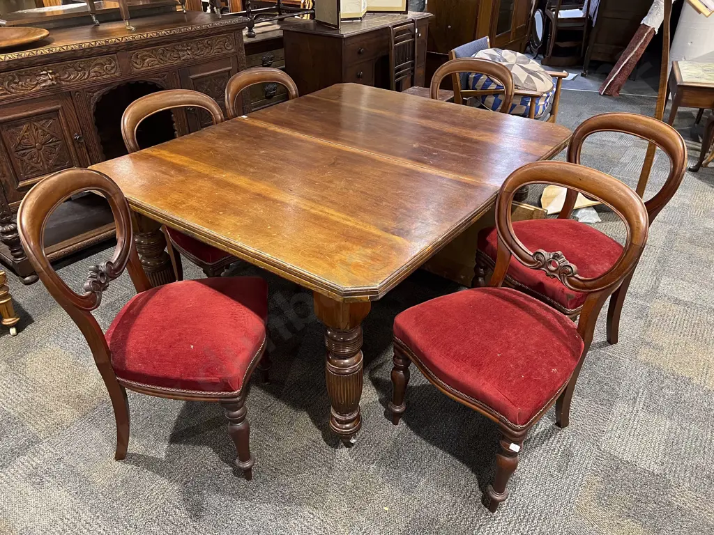 Vict Walnut Extension Dining Table with Six Balloon Back Chairs Image 1++
