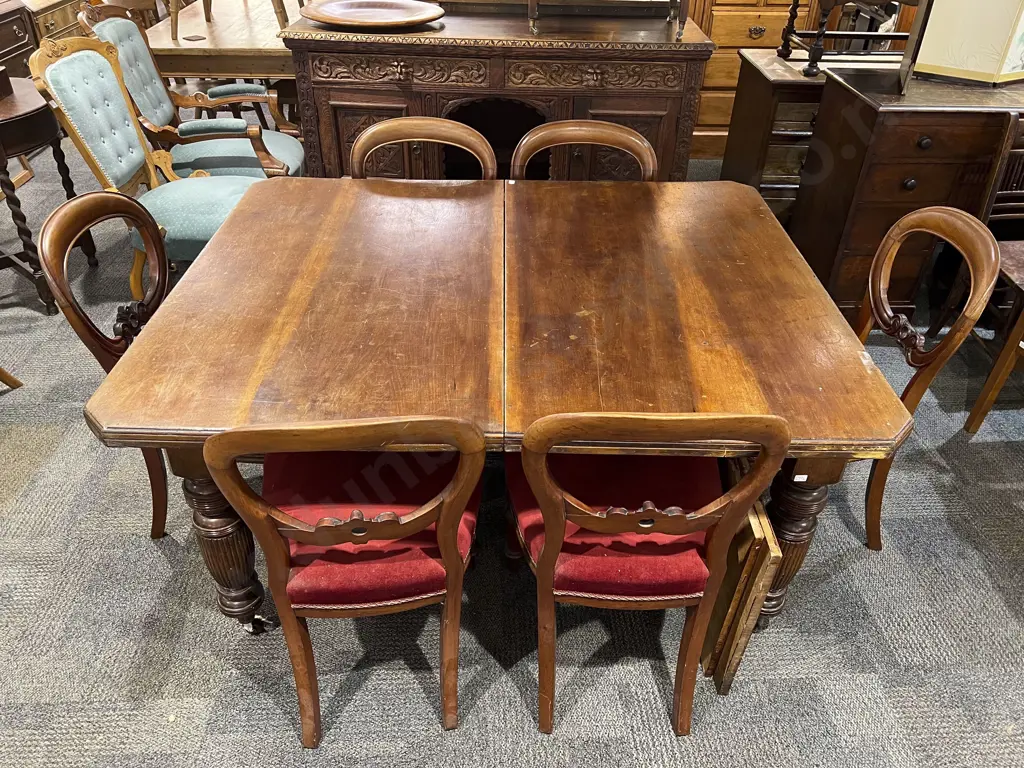 Vict Walnut Extension Dining Table with Six Balloon Back Chairs Image 1++