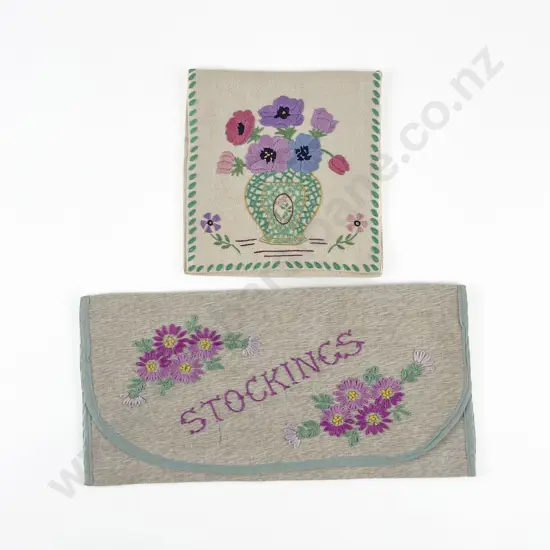 Hand Embroidered 1930/40s Stocking & Handkerchief Holder