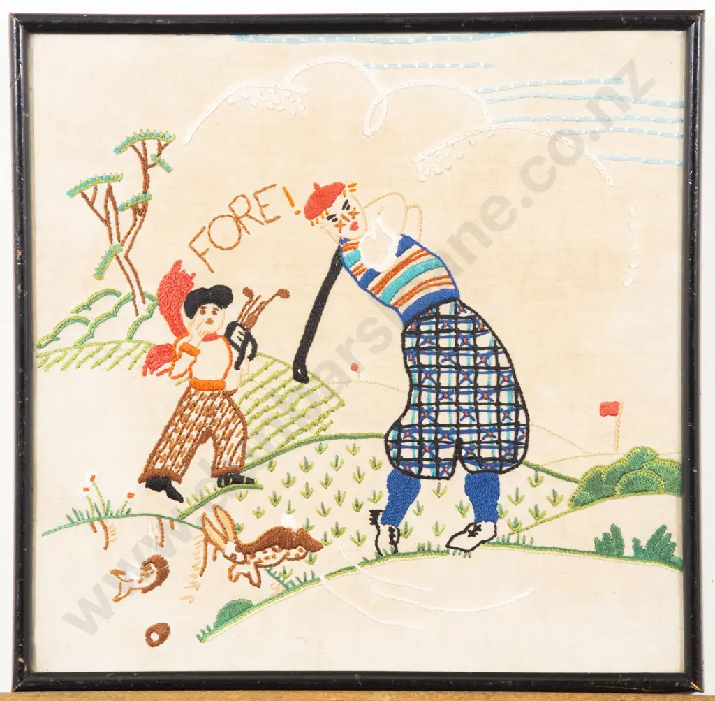 Framed Vintage Embroidered Golfing Picture Image 1++