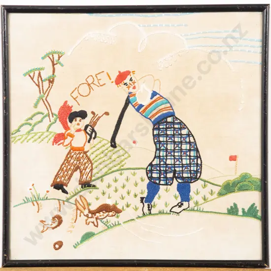 Framed Vintage Embroidered Golfing Picture