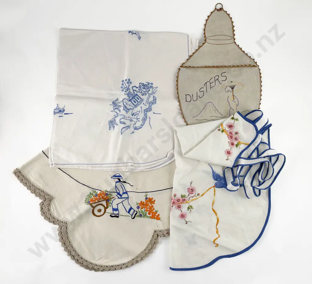 Two Vintage Teacloths & Duster Holder & Apron Image 1++