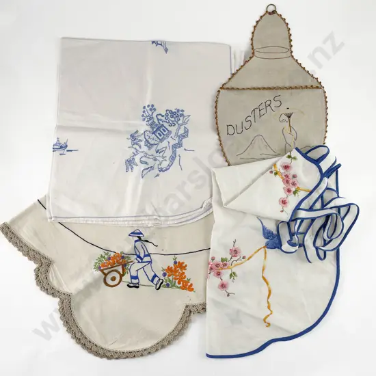 Two Vintage Teacloths & Duster Holder & Apron