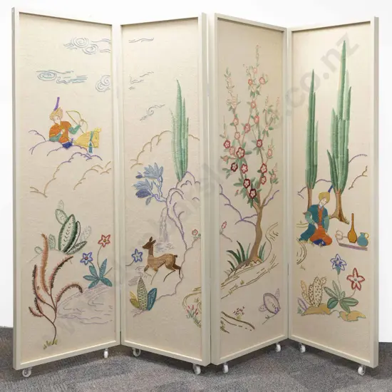 Crewel Embroidery Four Panel Screen