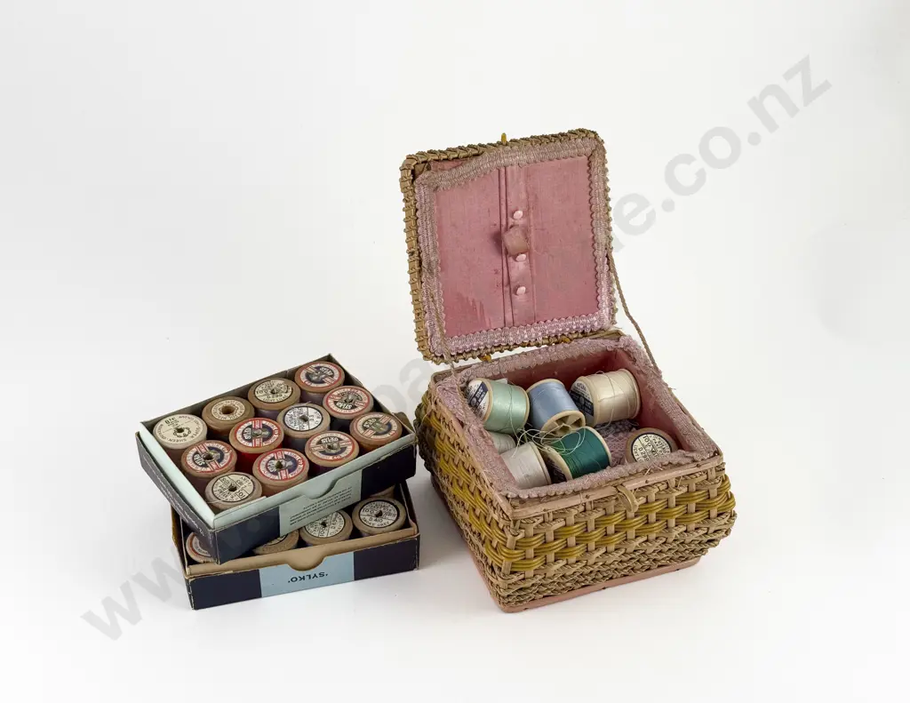 Small Vintage Sewing Box & Two Boxes Sylko Wooden Cotton Reels Image 1++