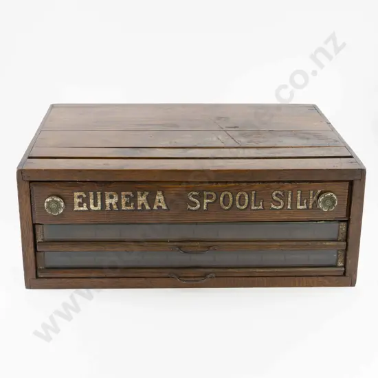 Early C20th Oak Eureka Spool Silk Three Drawer Retail Bench Top Cabinet