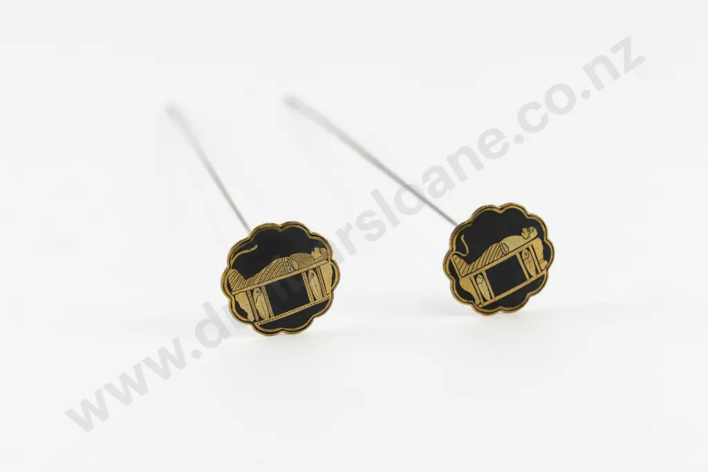 Tarachand Moolchard of Cairo Egypt Cased Pair Damascene Hat Pins Image 1++